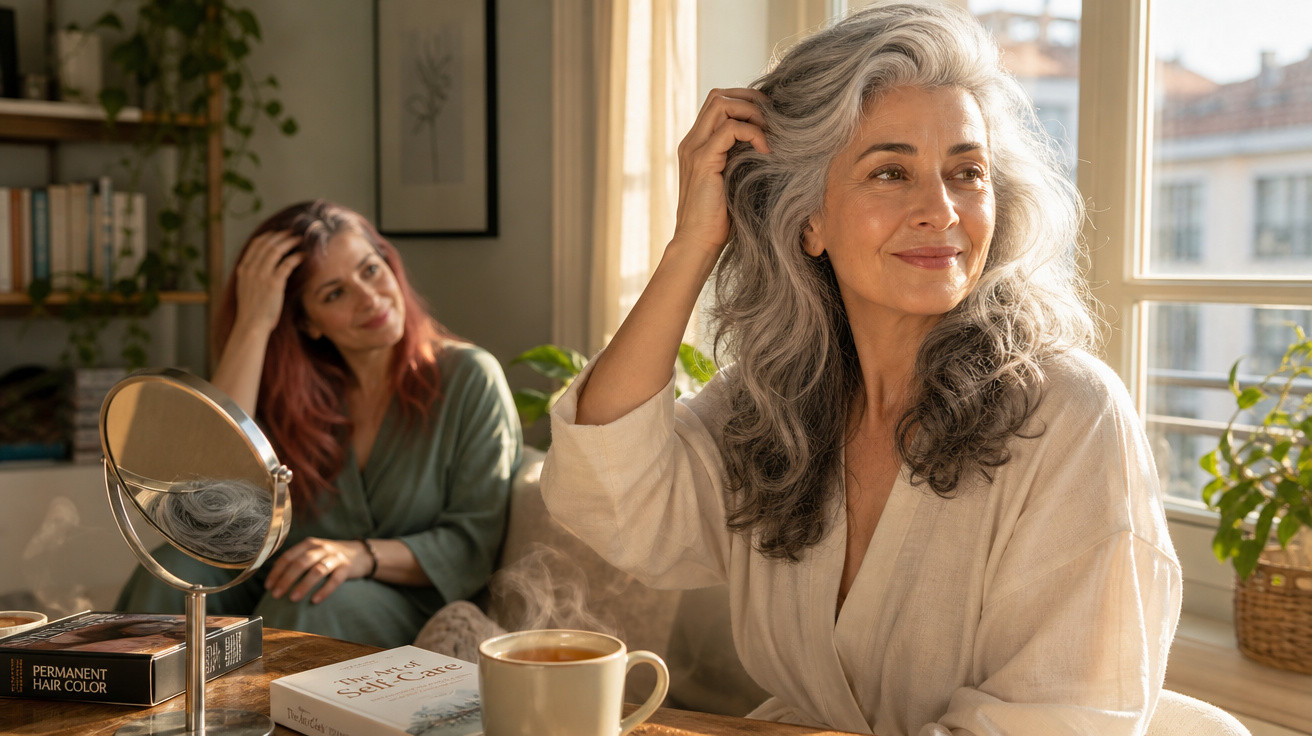 Duas mulheres sentadas numa sala luminosa, uma com cabelo grisalho a ajeitar o cabelo junto à janela.