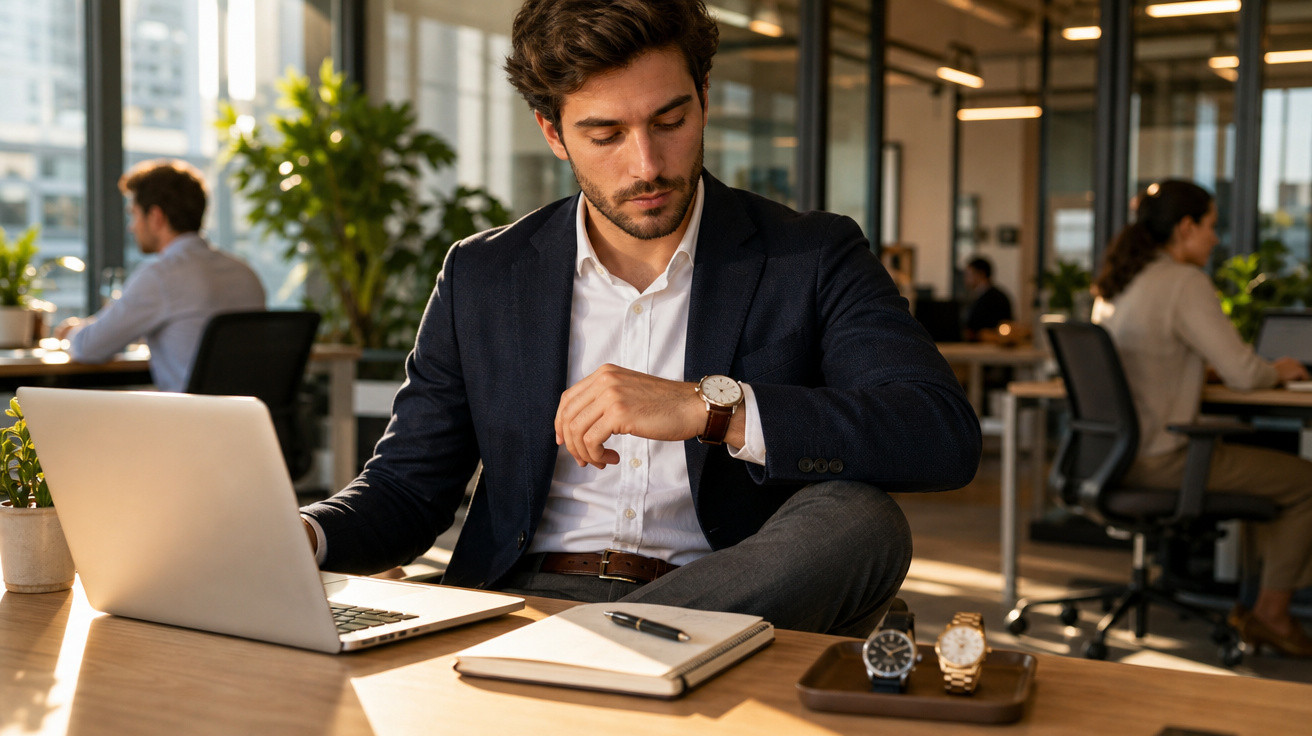 Homem sentado a olhar para o relógio, com computador portátil e caderno numa mesa de escritório moderno.