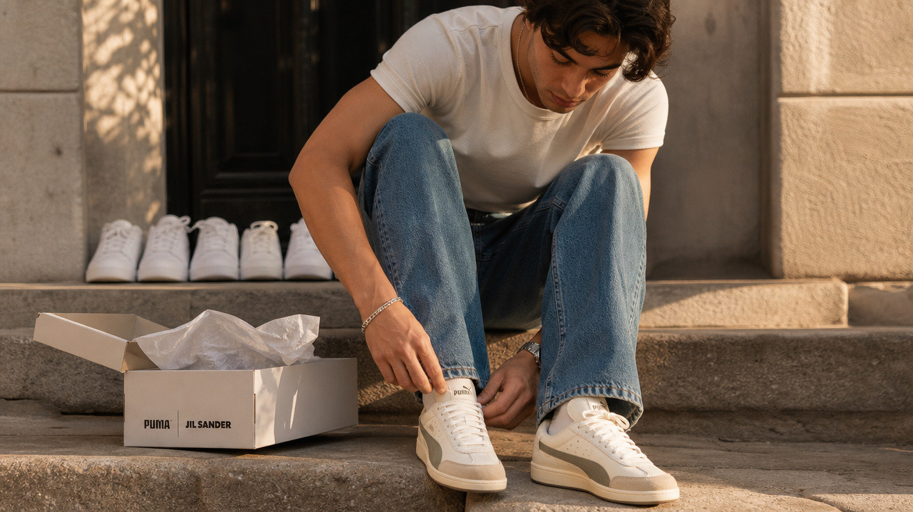 Jovem calça ténis brancos Puma Jil Sander sentado em degraus com a caixa ao lado.
