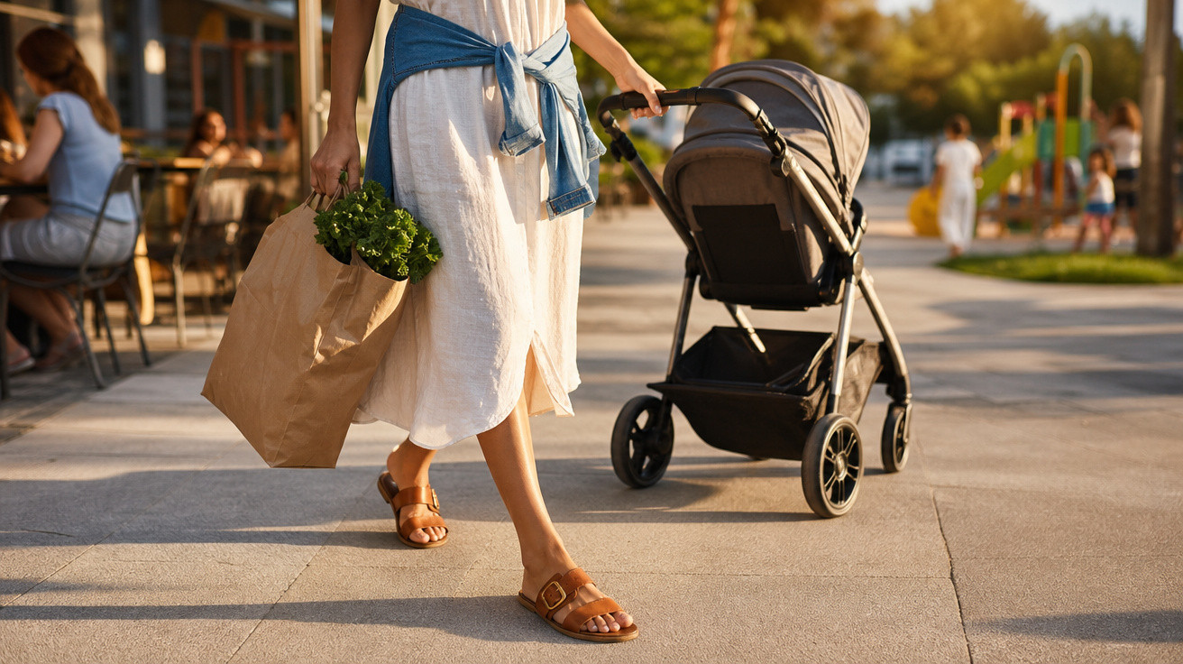 Pessoa a passear com carrinho de bebé e saco de papel com verduras numa rua ao fim da tarde.