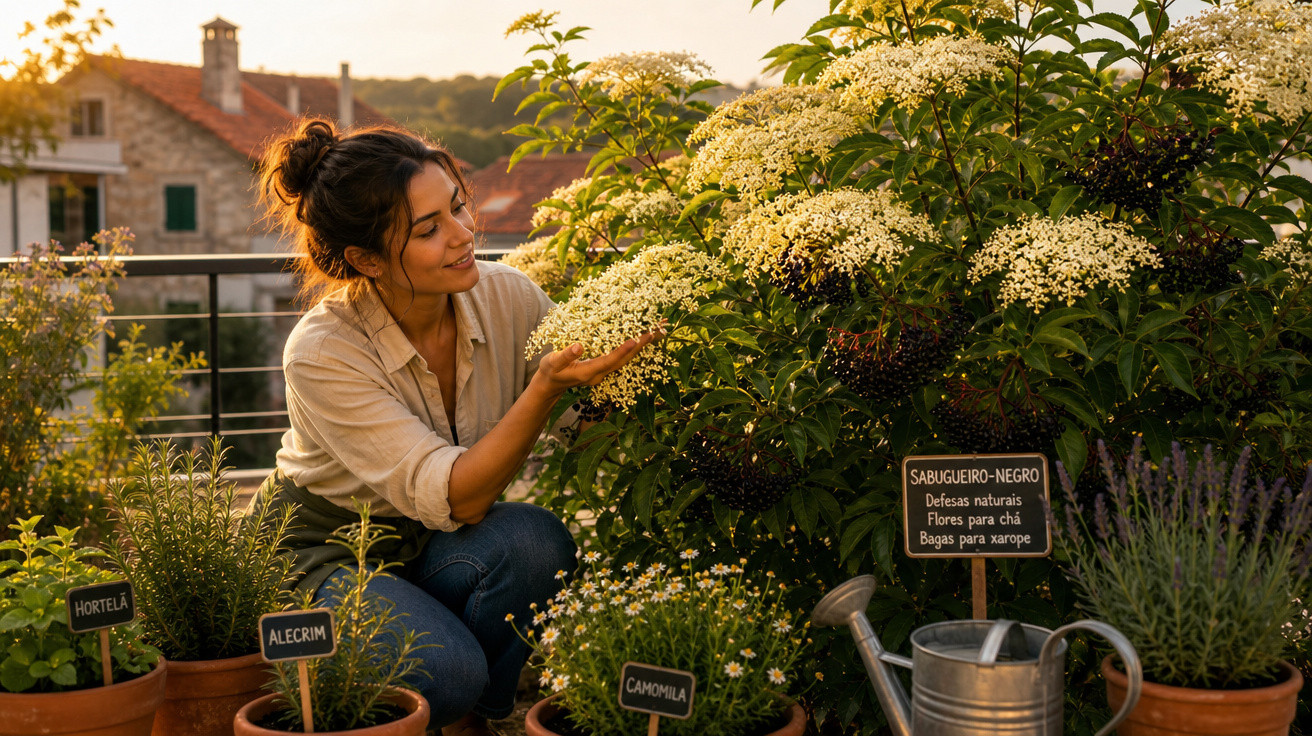 Mulher a cuidar de plantas aromáticas e flores num jardim urbano ao pôr do sol, com regador metálico ao lado.