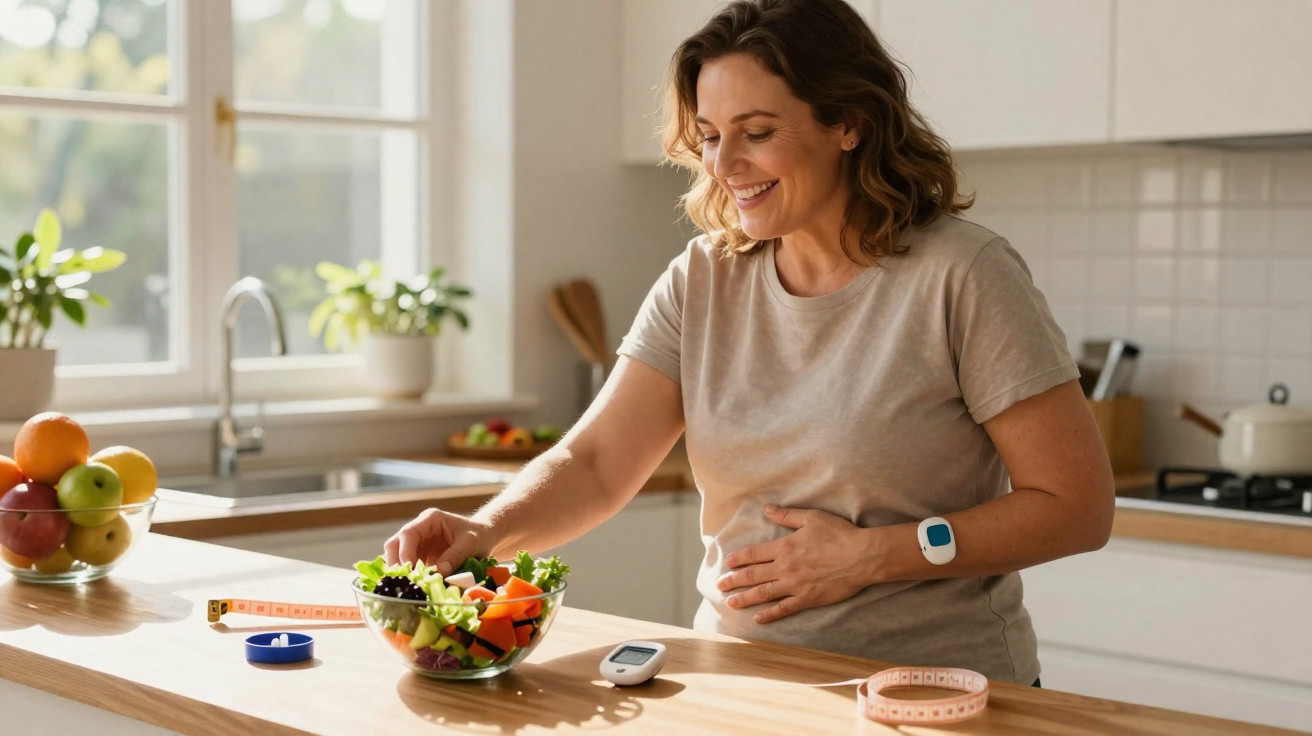 Mulher grávida sorridente prepara salada saudável numa cozinha clara com dispositivos de medição de saúde na bancada.