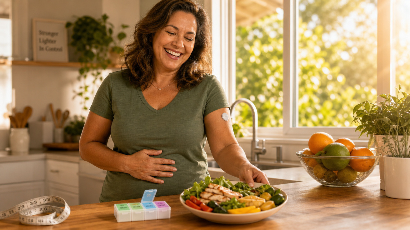 Mulher sorridente com dispositivo de medição no braço segura a barriga e escolhe refeição saudável na cozinha iluminada.