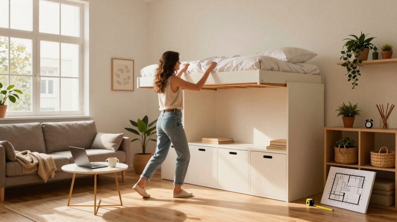 Mulher a arrumar uma cama alta num quarto moderno com sofá, plantas e decoração minimalista.