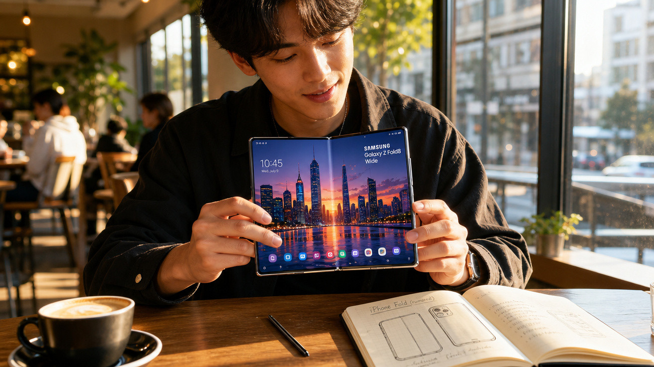 Homem sentado numa cafetaria a mostrar um smartphone Samsung Galaxy Z Fold3 aberto, com caderno e café na mesa.