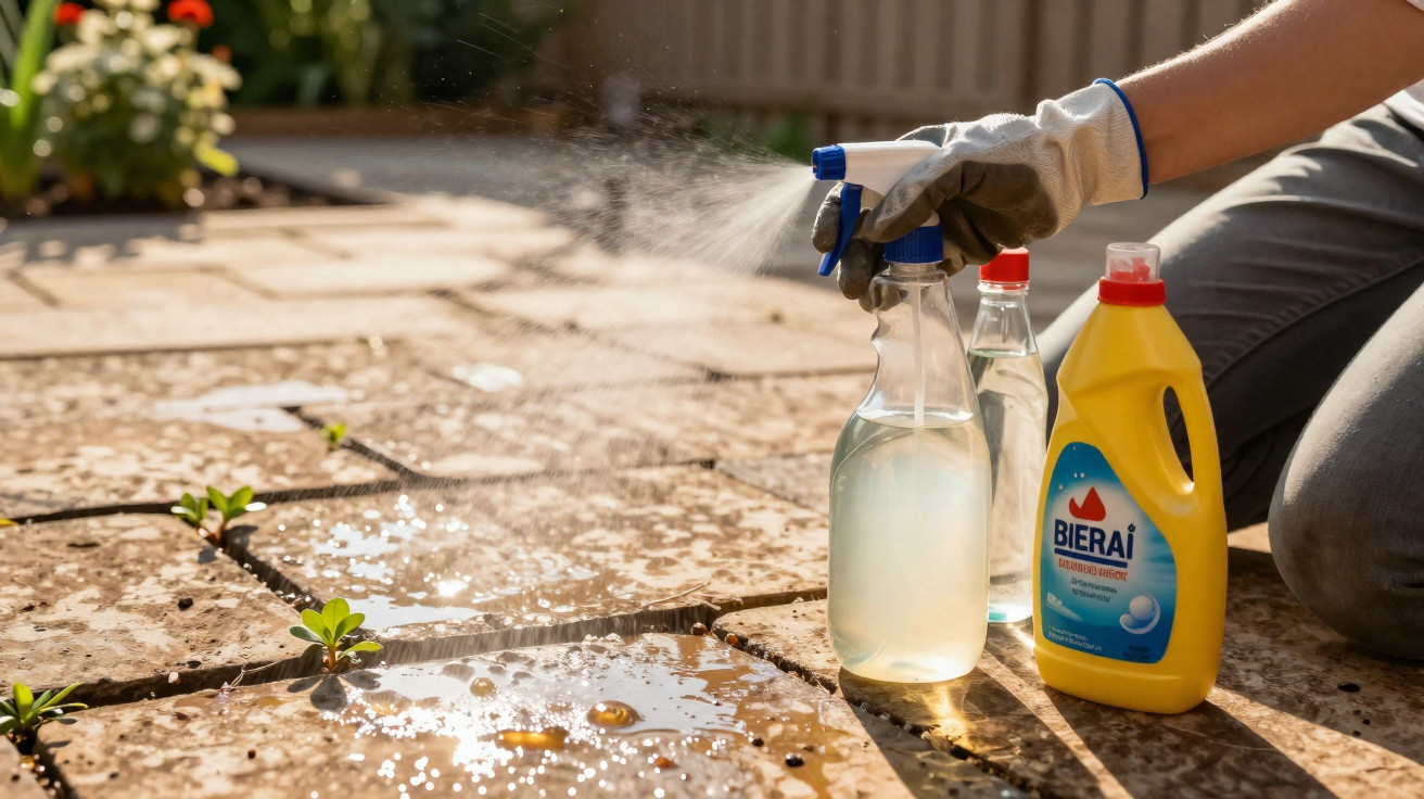 Mão com luva a pulverizar líquido de limpeza em piso exterior de pedra com produtos de limpeza ao lado.