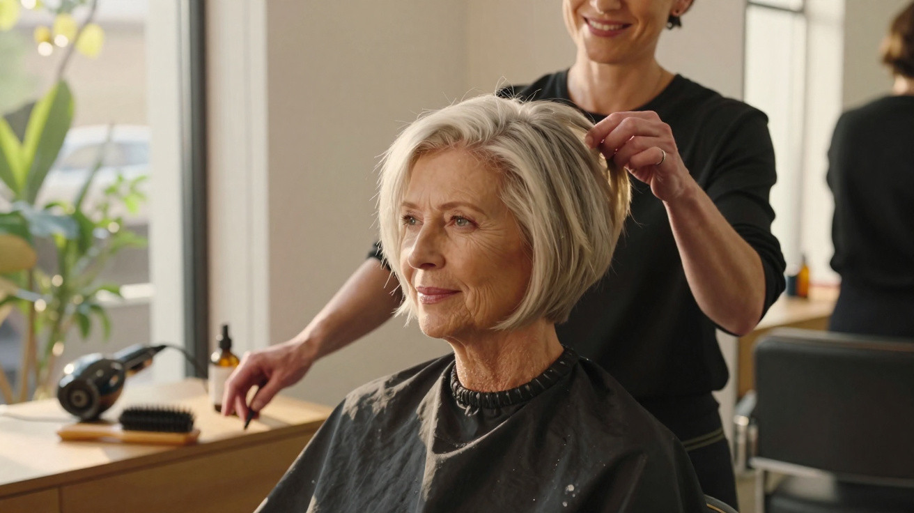Mulher idosa a receber penteado em salão de cabeleireiro, sorrindo levemente.