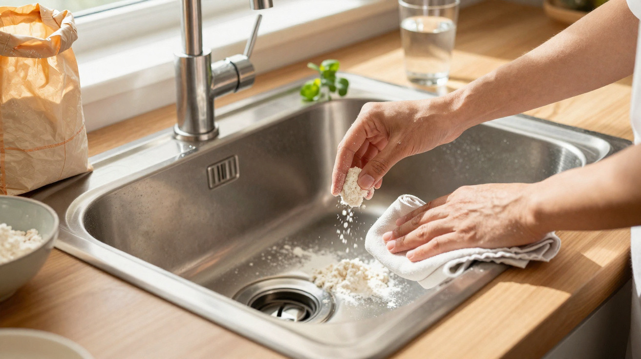 Mãos limpando farinha de uma pia de cozinha em aço inox com um pano branco num balcão de madeira.