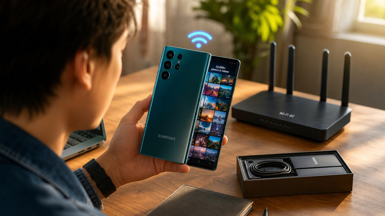 Pessoa a transferir fotos do telemóvel Samsung para outro dispositivo via ligação Wi-Fi junto a router e acessórios numa mesa