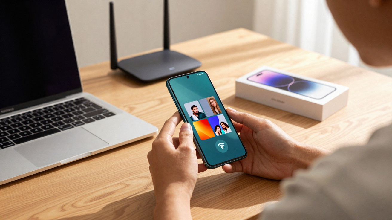 Pessoa segurando smartphone com chamada de vídeo, ao lado de portátil, router e caixa de telemóvel numa secretária de madeira