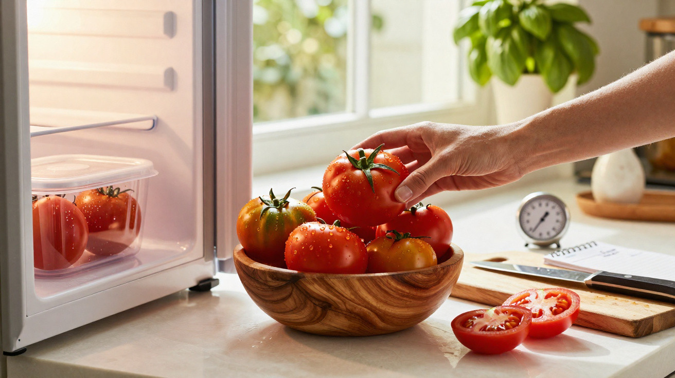 Mão a apanhar tomate de taça de madeira na cozinha junto a frigorífico aberto e janela iluminada.