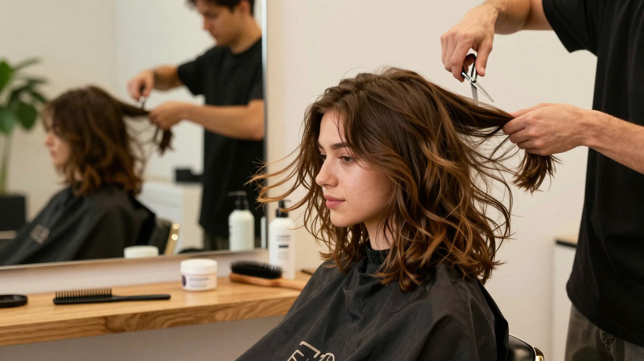 Mulher com cabelo castanho a ser cortado por cabeleireiro num salão moderno com espelho e produtos na bancada.