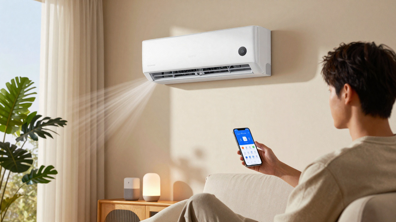 Homem controla ar condicionado com telemóvel numa sala moderna com plantas e luz natural.