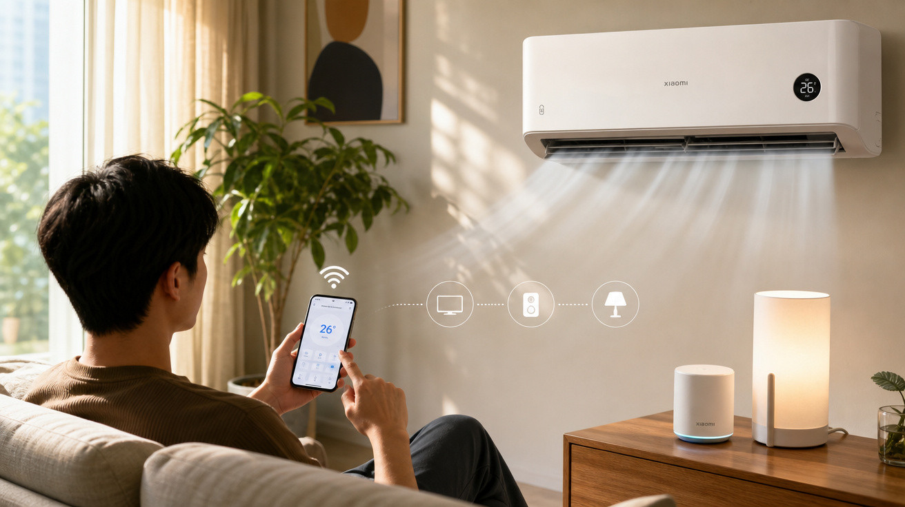 Pessoa controla ar condicionado Xiaomi com smartphone numa sala moderna e luminosa.