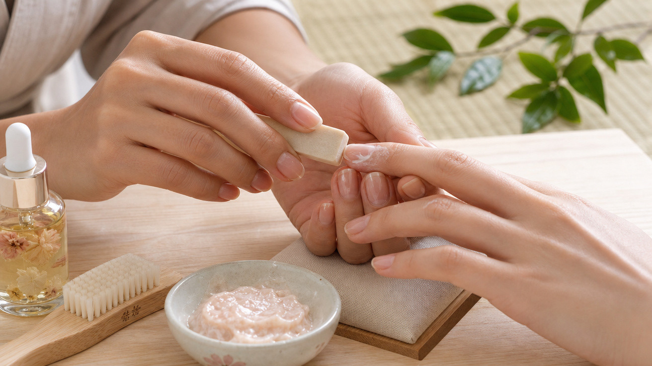 Pessoa a lixar unhas durante tratamento de manicure com produtos naturais numa mesa de madeira.