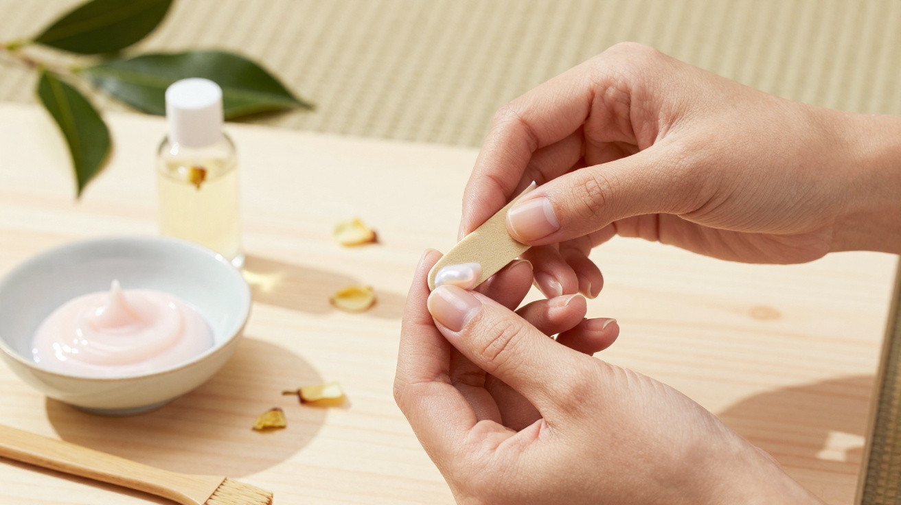 Mãos femininas a aplicar creme hidratante com espátula, ao lado de óleo e recipiente com creme rosado.