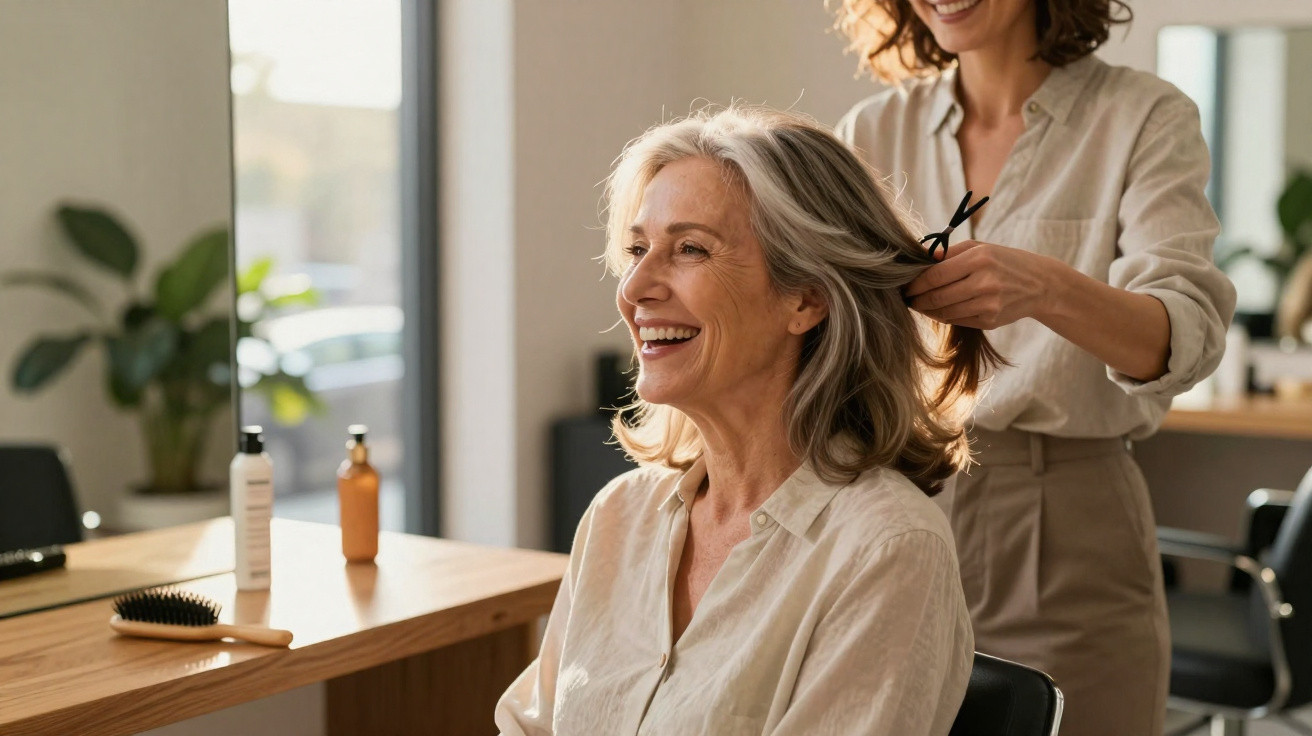 Mulher sorridente sentada num salão de cabeleireiro enquanto profissional lhe apanha o cabelo.