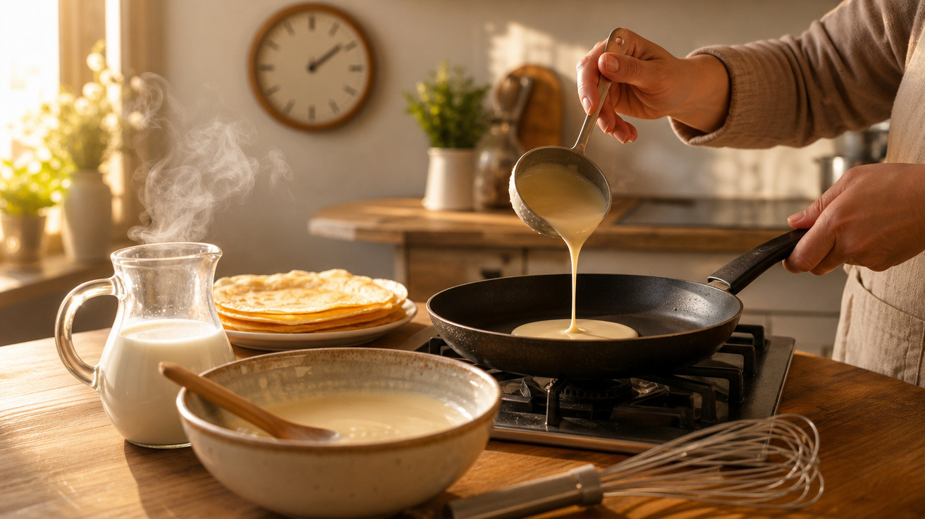 Mãos a verter massa para crepes numa frigideira, com tigela de massa, jarra de leite e crepes cozinhados na mesa.