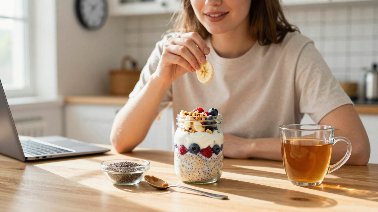 Pessoa a colocar fatia de banana num frasco com iogurte, frutos vermelhos e sementes, ao lado de chá e computador.