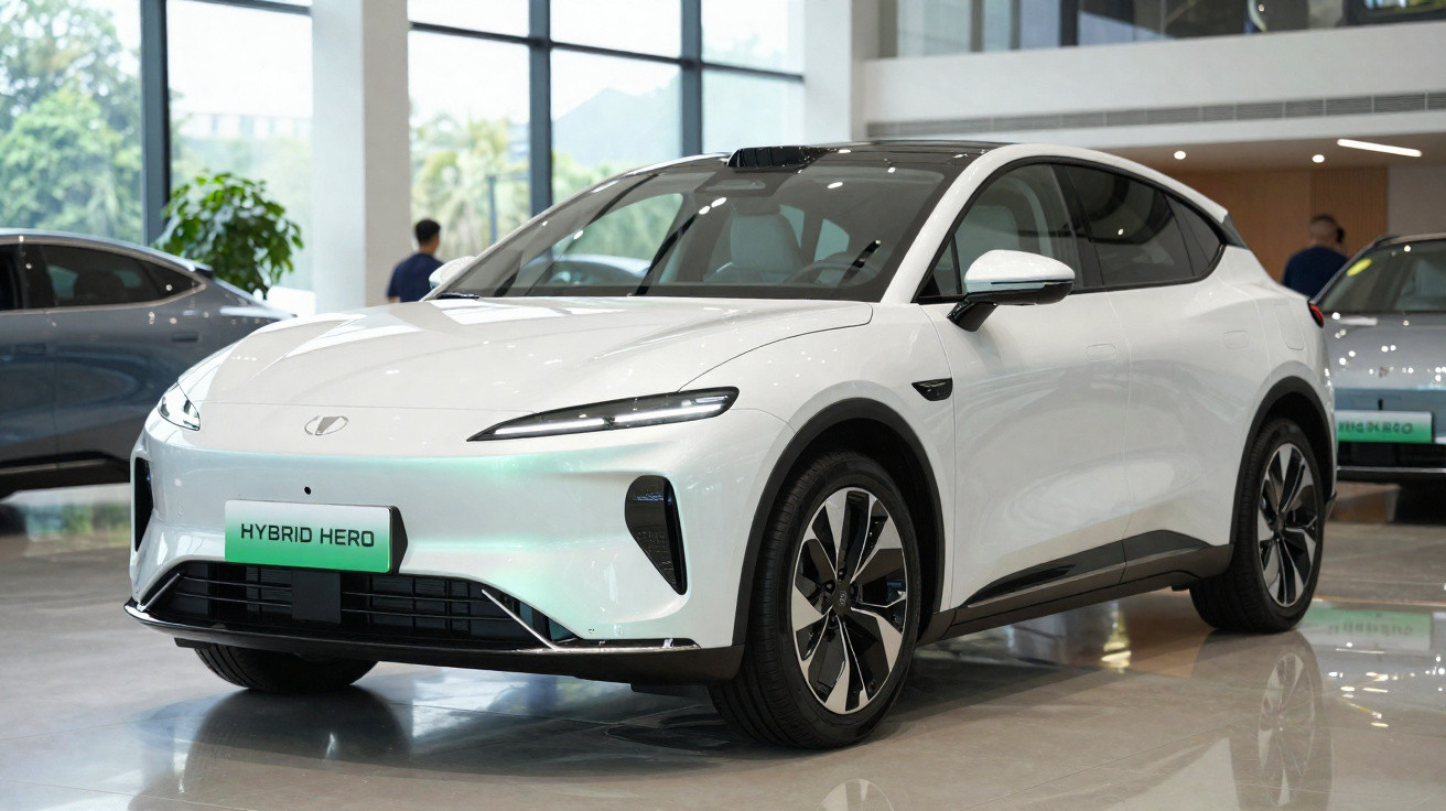 Carro elétrico branco estacionado em showroom moderno com luz natural e janelas grandes ao fundo.