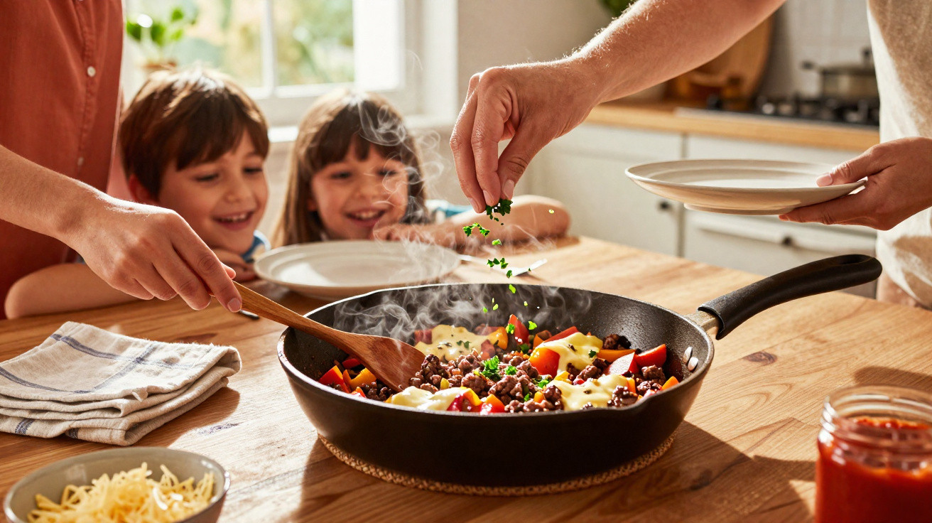 Família a preparar refeição com carne, legumes e queijo numa frigideira na cozinha luminosa.