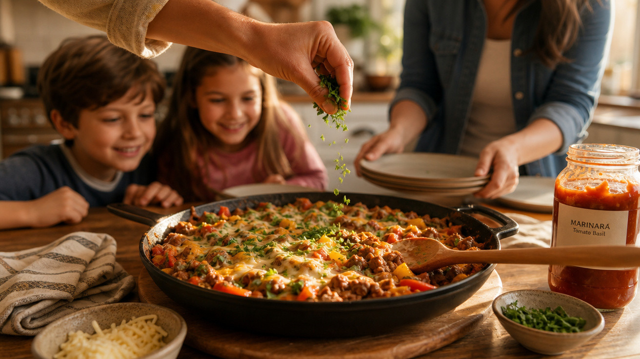 Família em cozinha a polvilhar ervas frescas numa panela grande com prato de carne e legumes.