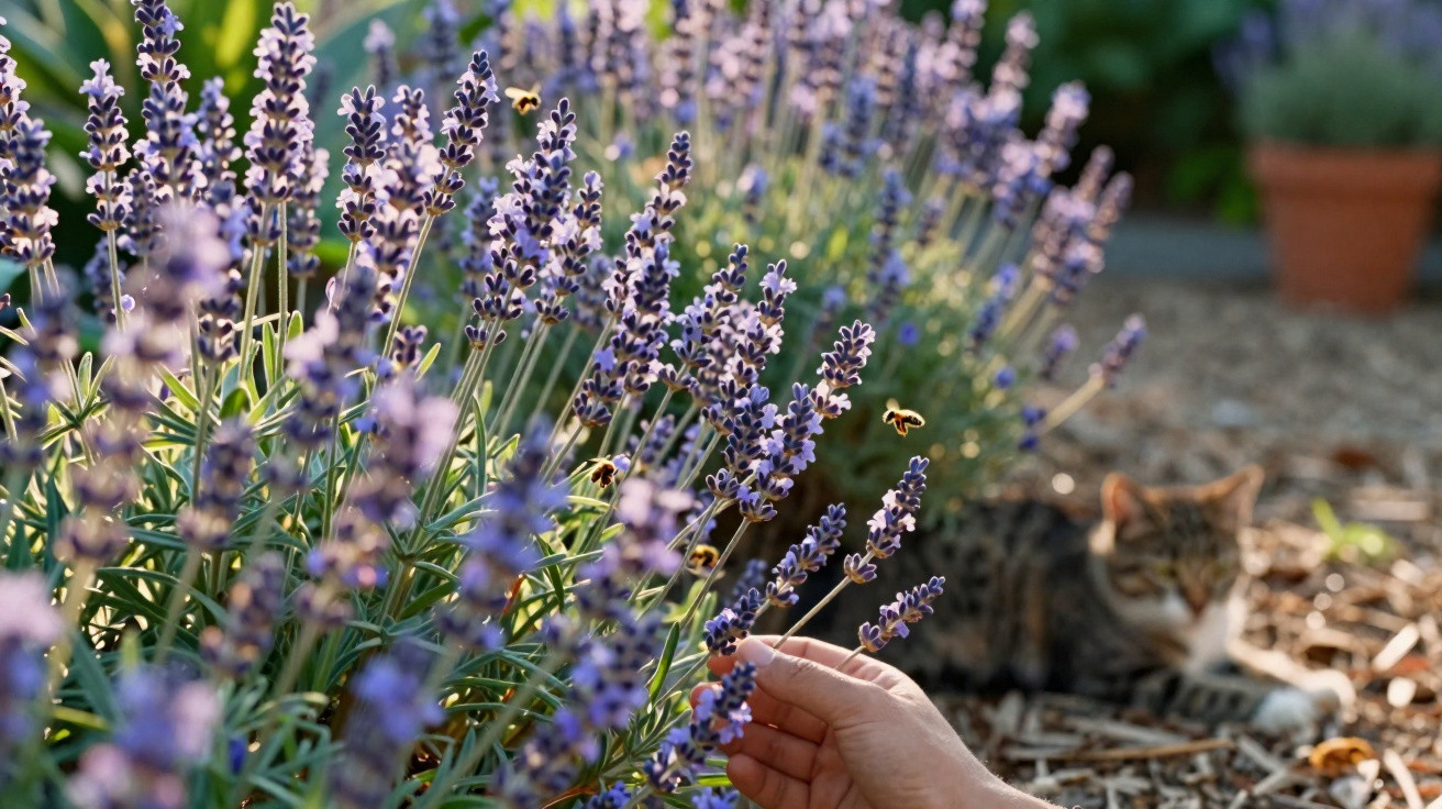 Flores de lavanda com abelhas e mão humana, gato ao fundo numa área de jardim ensolarada.