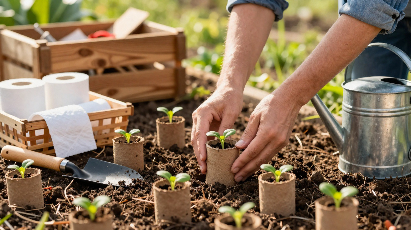 Mãos a transplantar pequenos rebentos de plantas para o solo, com regador e ferramentas de jardinagem ao lado.
