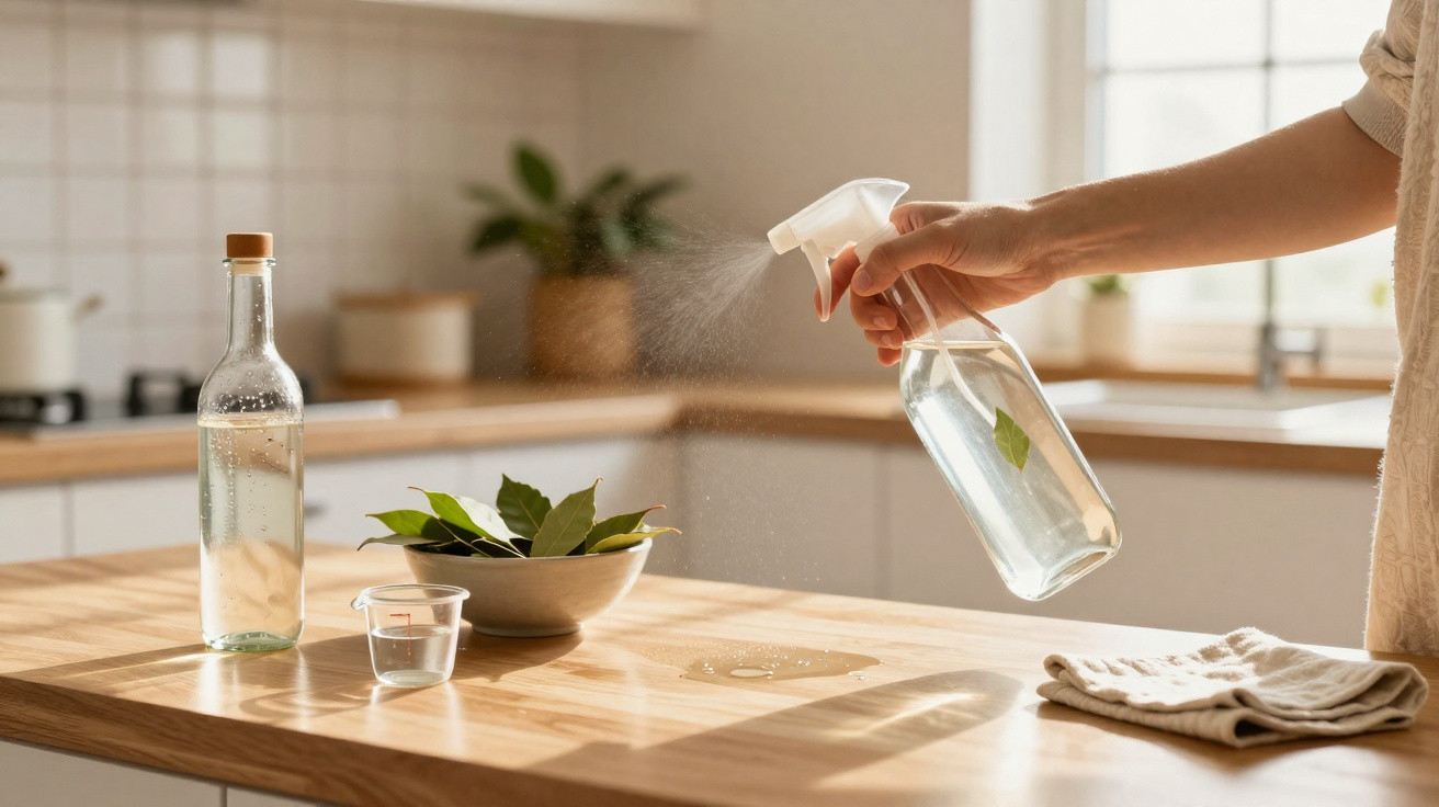 Pessoa a borrifar solução de limpeza numa mesa de cozinha em ambiente luminoso e arejado.