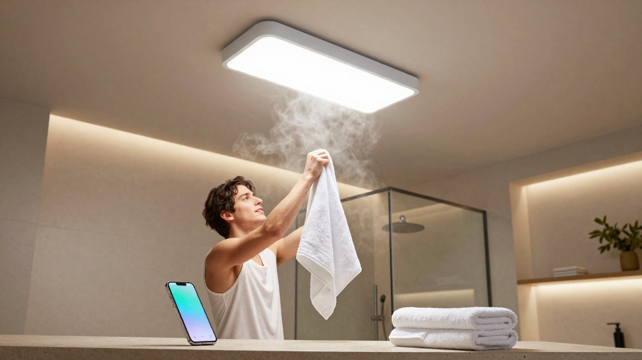 Homem segura toalha a vapor em casa de banho moderna com smartphone e toalhas sobre a bancada.