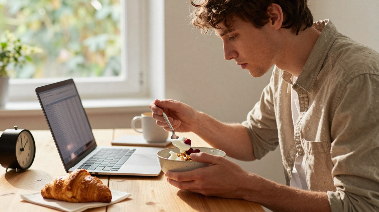 Homem a comer cereais e iogurte enquanto trabalha num portátil numa mesa com um croissant e um relógio.