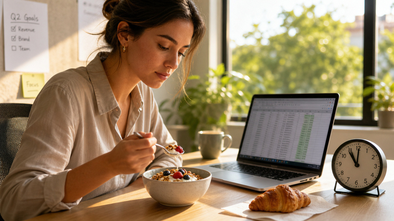 Mulher a comer pequeno-almoço saudável com frutas, junto a computador portátil e relógio na secretária.