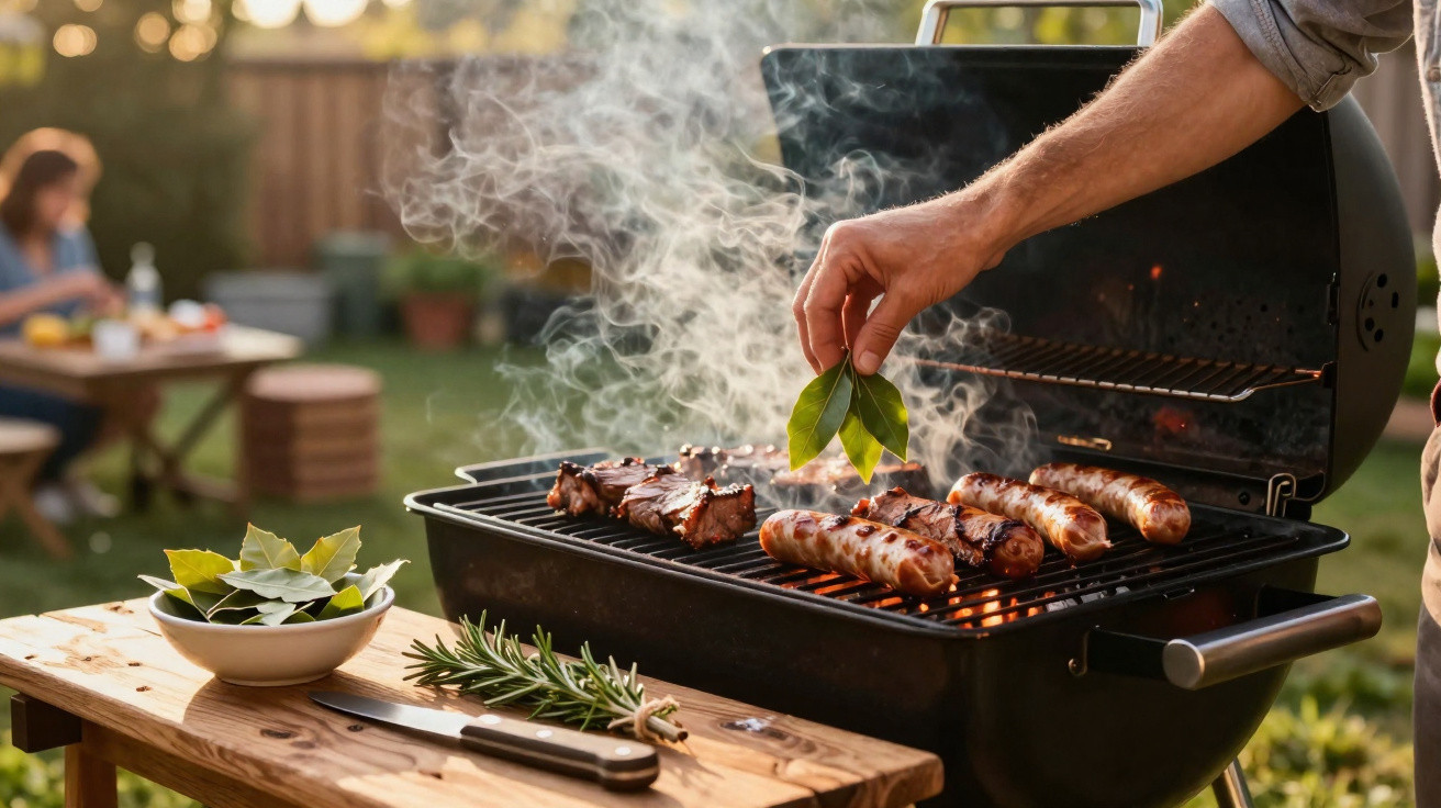 Churrasco ao ar livre com salsichas e carne, enquanto uma mão adiciona folhas aromáticas ao grelhador.