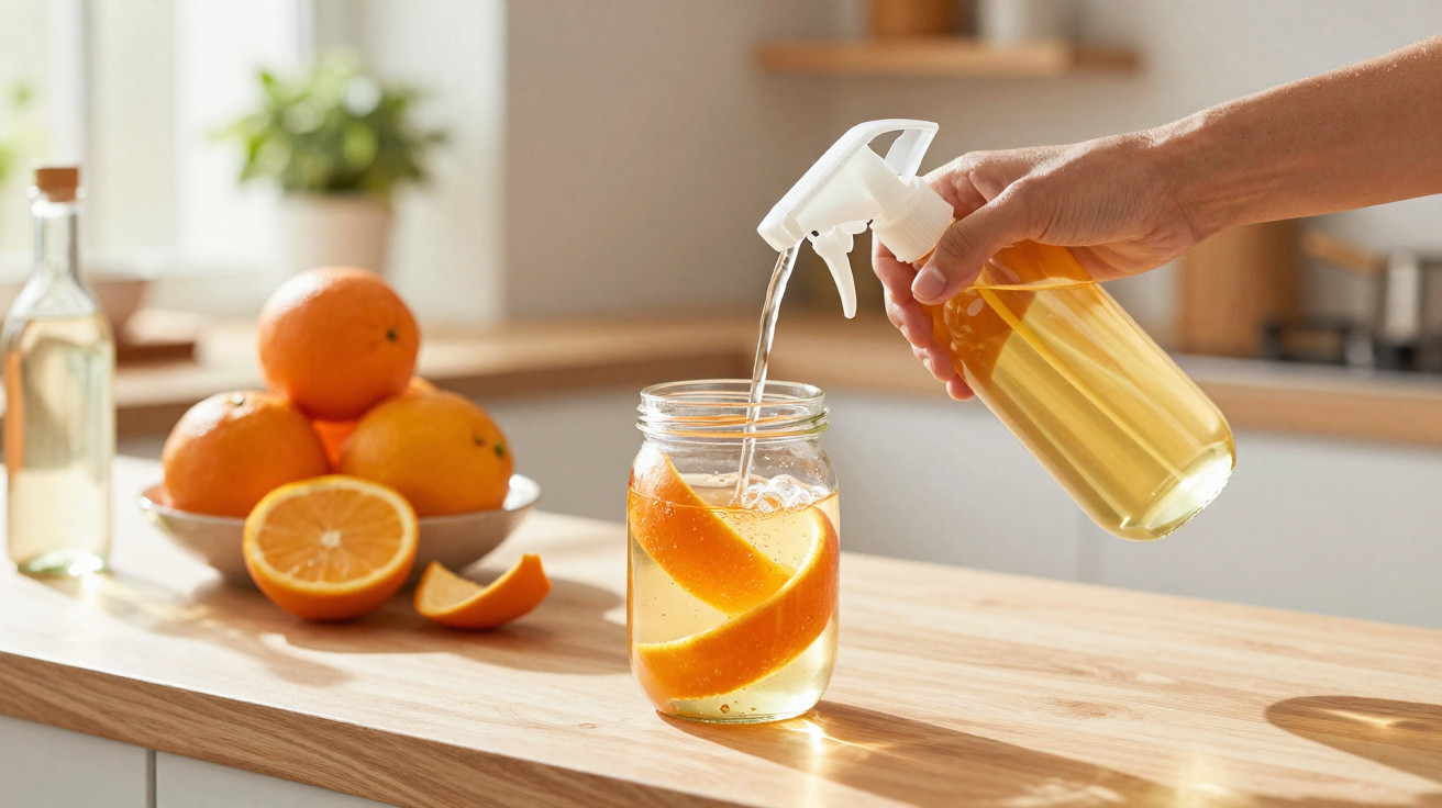 Mão a borrifar líquido amarelo num frasco com casca de laranja, próximo de tangerinas numa cozinha.