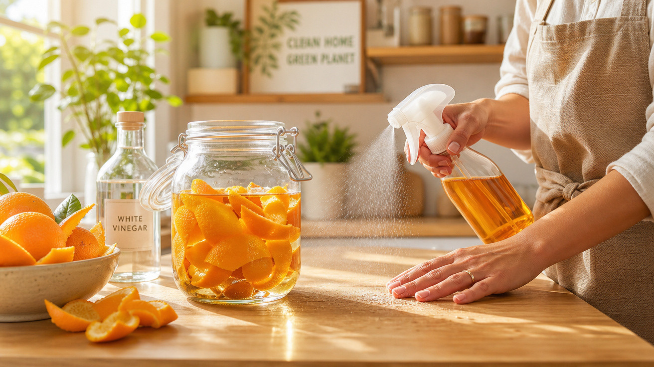 Pessoa a pulverizar solução de limpeza caseira com cascas de laranja em superfície de madeira numa cozinha iluminada.