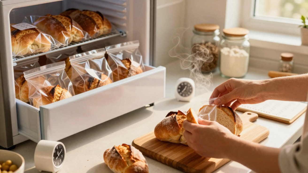 Mãos a embalar pão fresco com vapor numa cozinha iluminada junto a um expositor com mais pães embalados.
