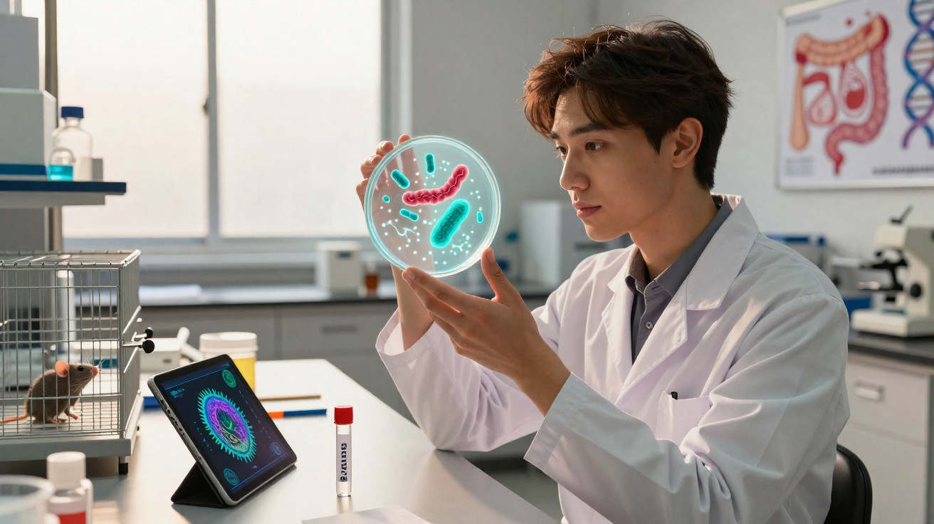 Cientista a analisar cultura de bactérias numa placa de Petri num laboratório moderno com rato em gaiola.