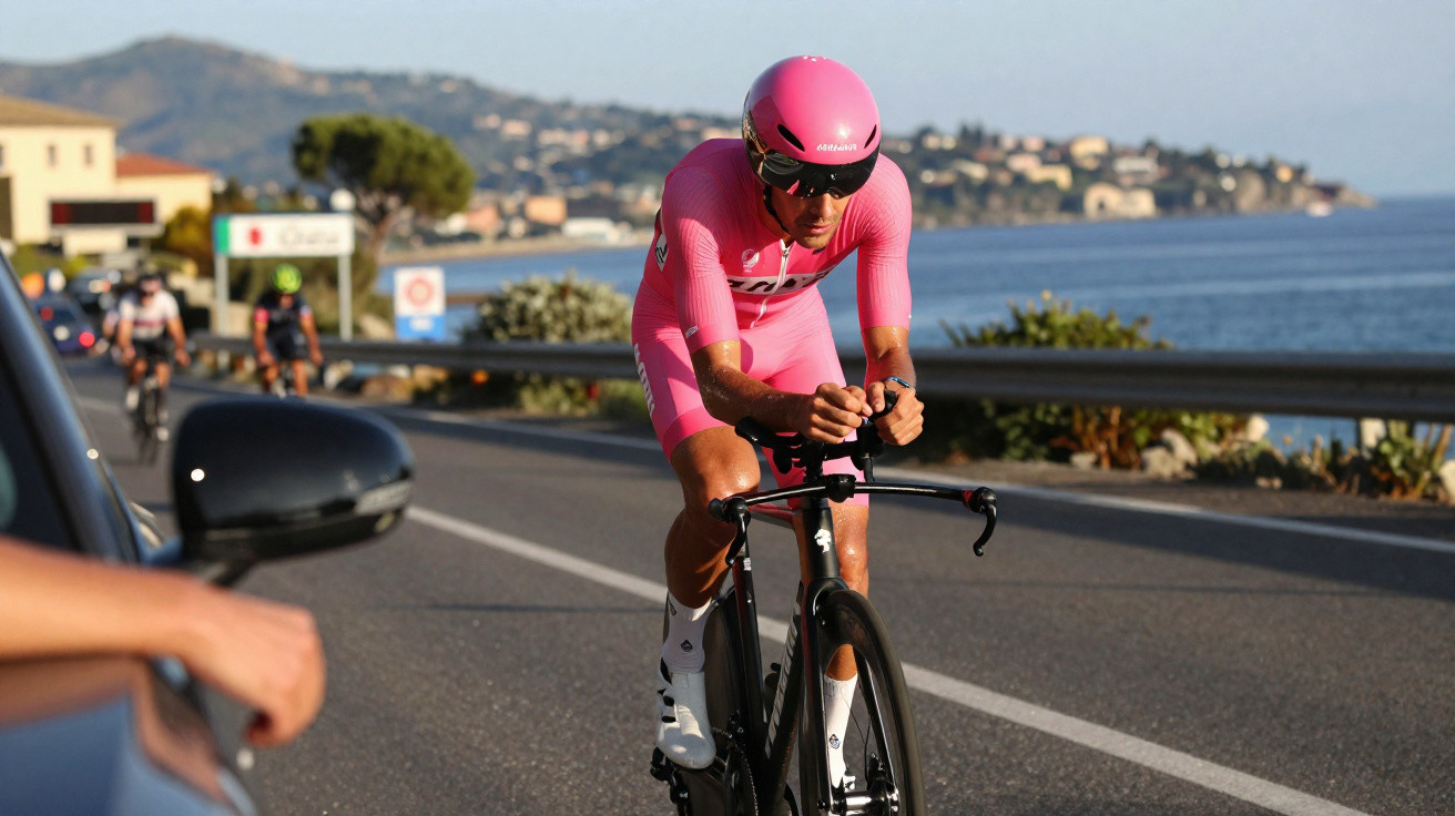 Ciclista com fato e capacete rosa a pedalar numa estrada costeira durante competição, com carro e ciclistas ao fundo.