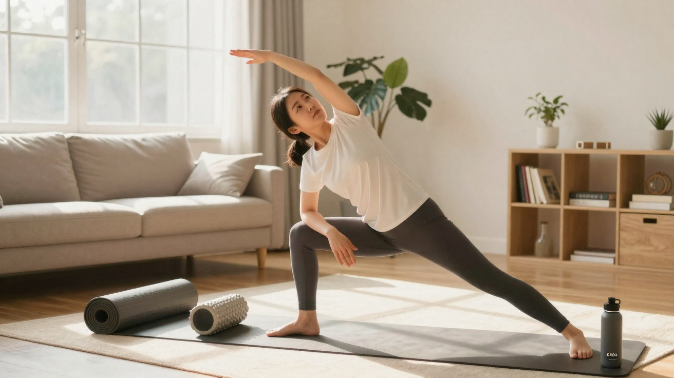 Mulher a fazer exercício de alongamento numa sala iluminada, com tapete de yoga e rolo de massagem.