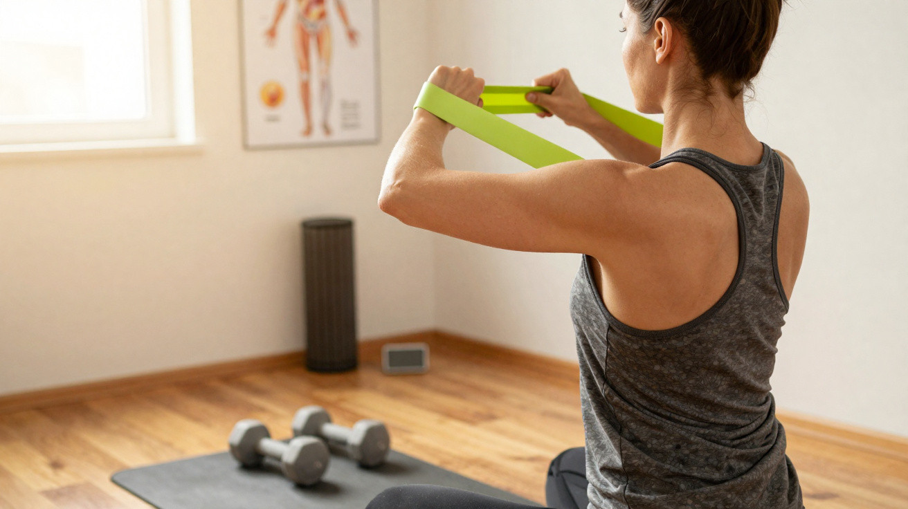 Mulher a fazer exercício com faixa elástica num quarto com tapete e halteres no chão.