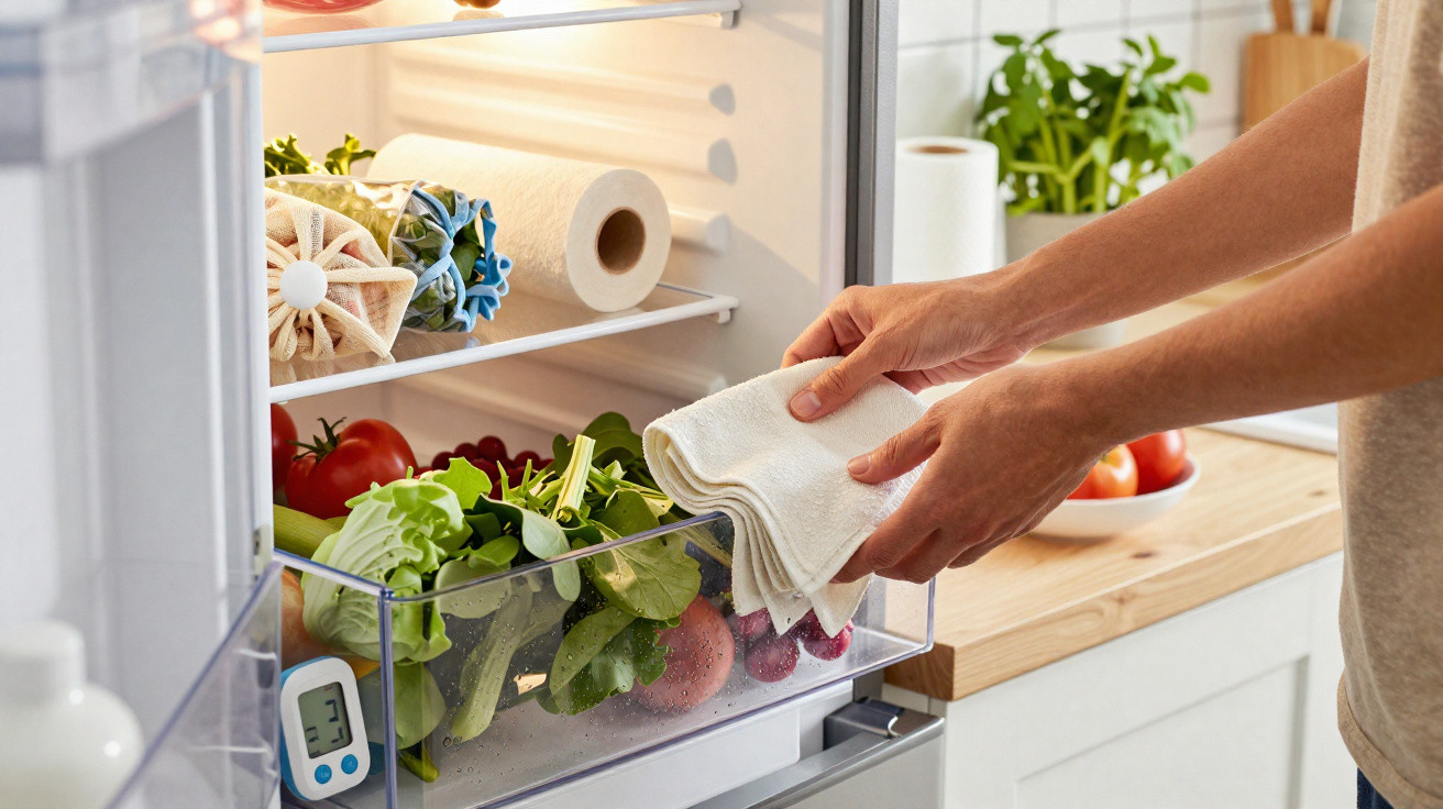 Mãos a limpar legumes frescos dentro de frigorífico aberto numa cozinha moderna com toalha branca.