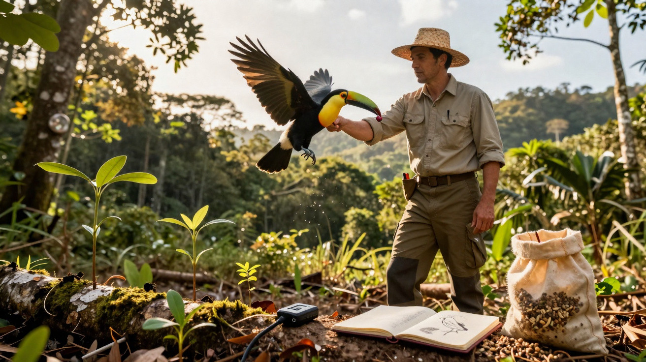 Homem com chapéu a alimentar um tucano numa floresta tropical com caderno e saco de sementes.