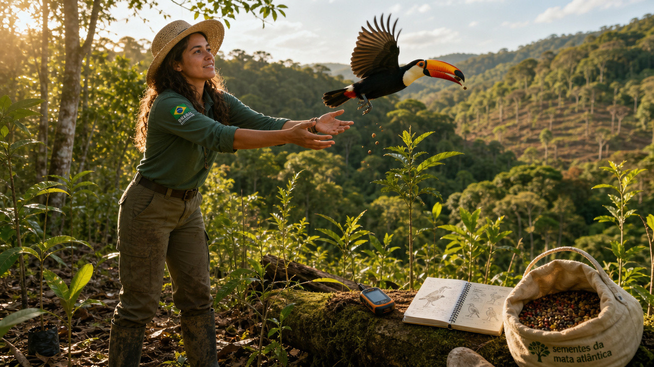 Mulher liberta tucano no meio de floresta com caderno, saco de sementes e dispositivo sobre pedra.