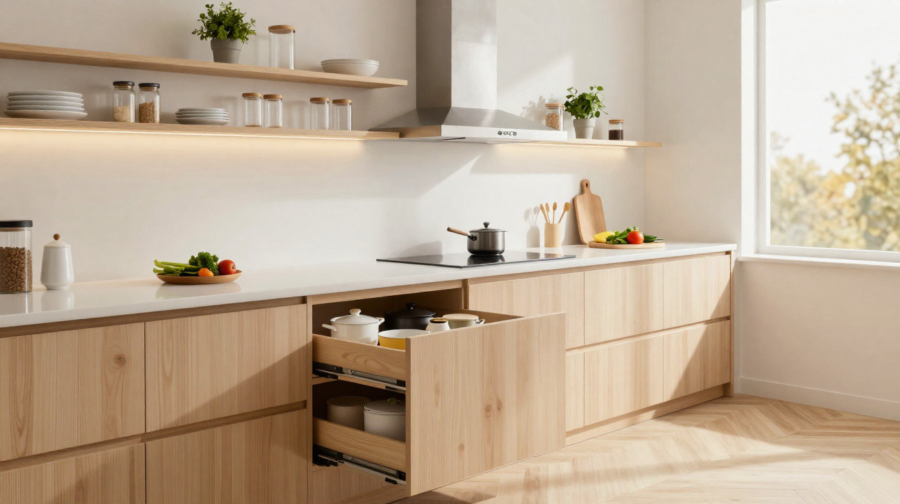 Cozinha moderna com armários em madeira clara, prateleiras simples, utensílios e luz natural ampla.
