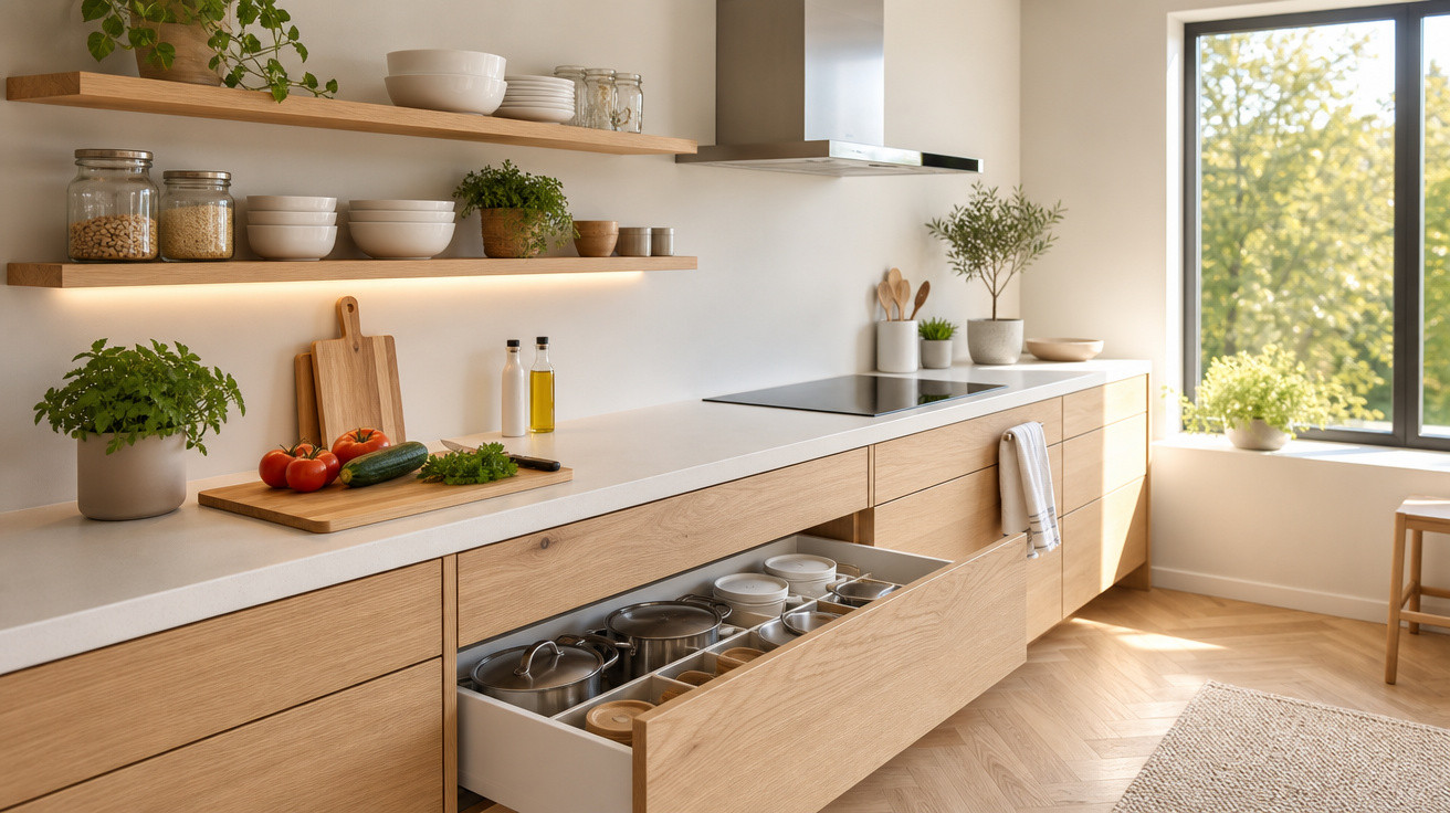 Cozinha moderna com armários em madeira clara, bancada branca, vegetais e ervas frescas, janela com luz natural.