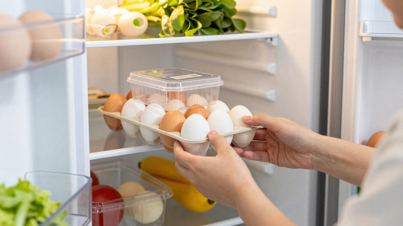 Mãos a colocar tabuleiro com ovos dentro de frigorífico aberto com vegetais e frutas.