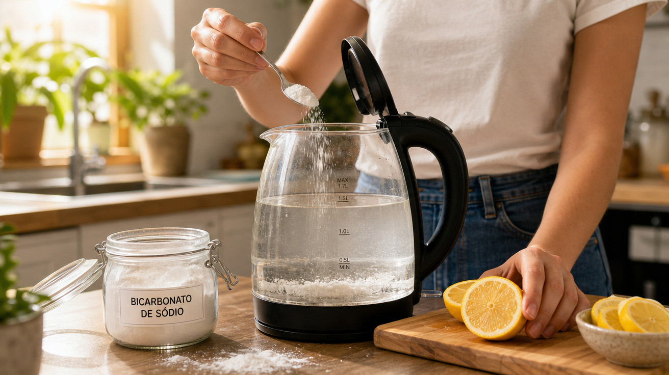 Pessoa a adicionar bicarbonato de sódio a uma chaleira elétrica com meio litro de água numa cozinha iluminada.