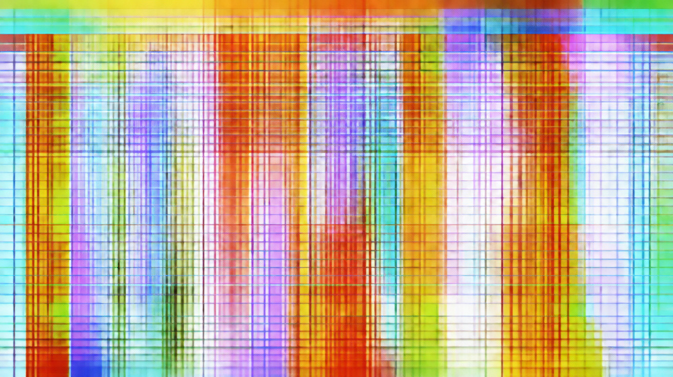Padrão abstrato colorido com linhas verticais e horizontais sobrepostas em tons de azul, vermelho, amarelo e verde.