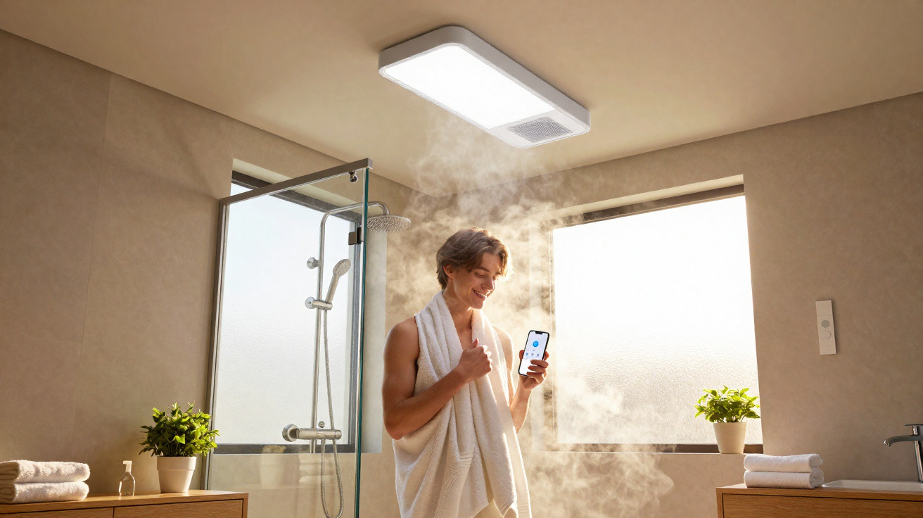 Homem com toalha no banho utiliza smartphone para controlar ventilação num banheiro moderno.