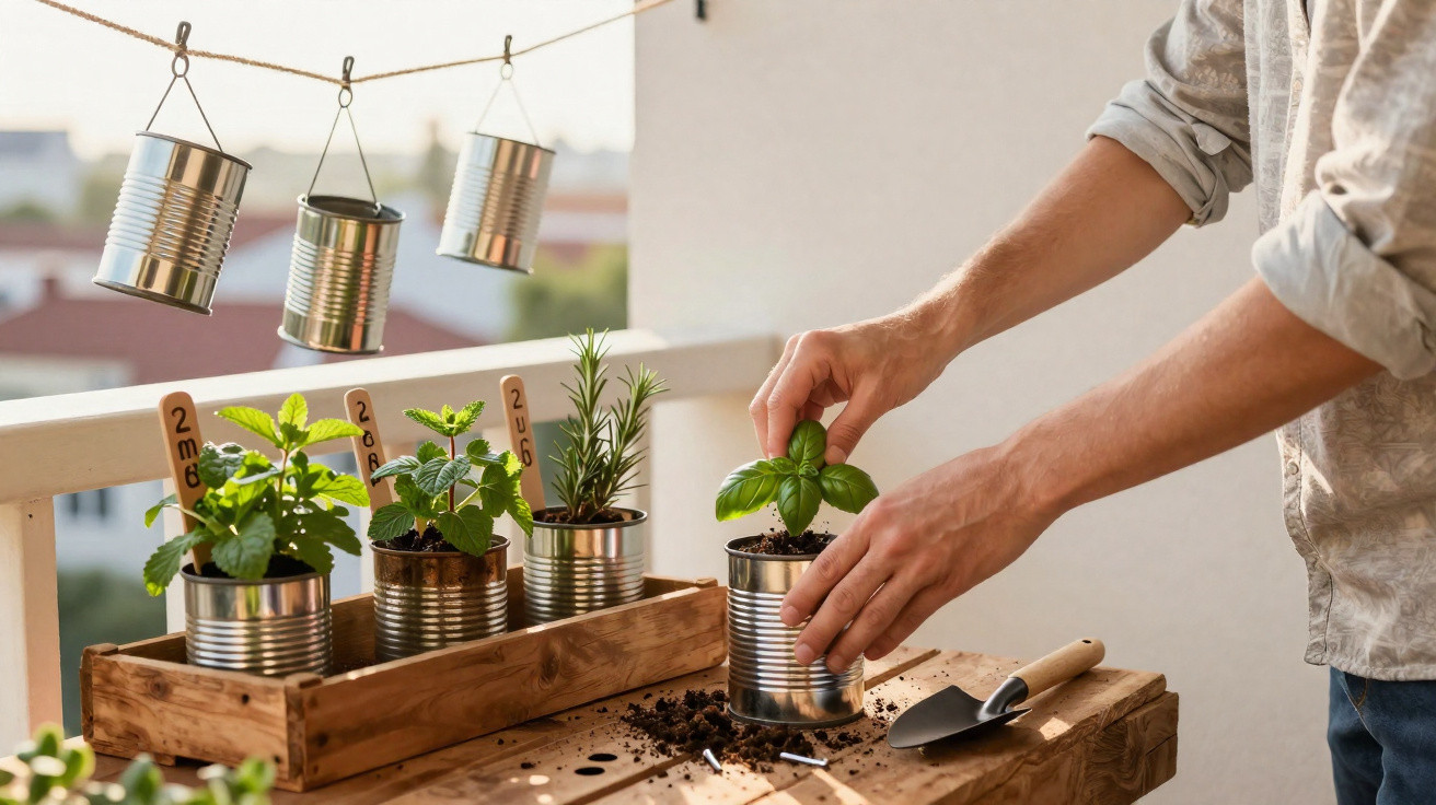 Pessoas a cuidar de plantas aromáticas em latas recicladas num varandas ensolarada.